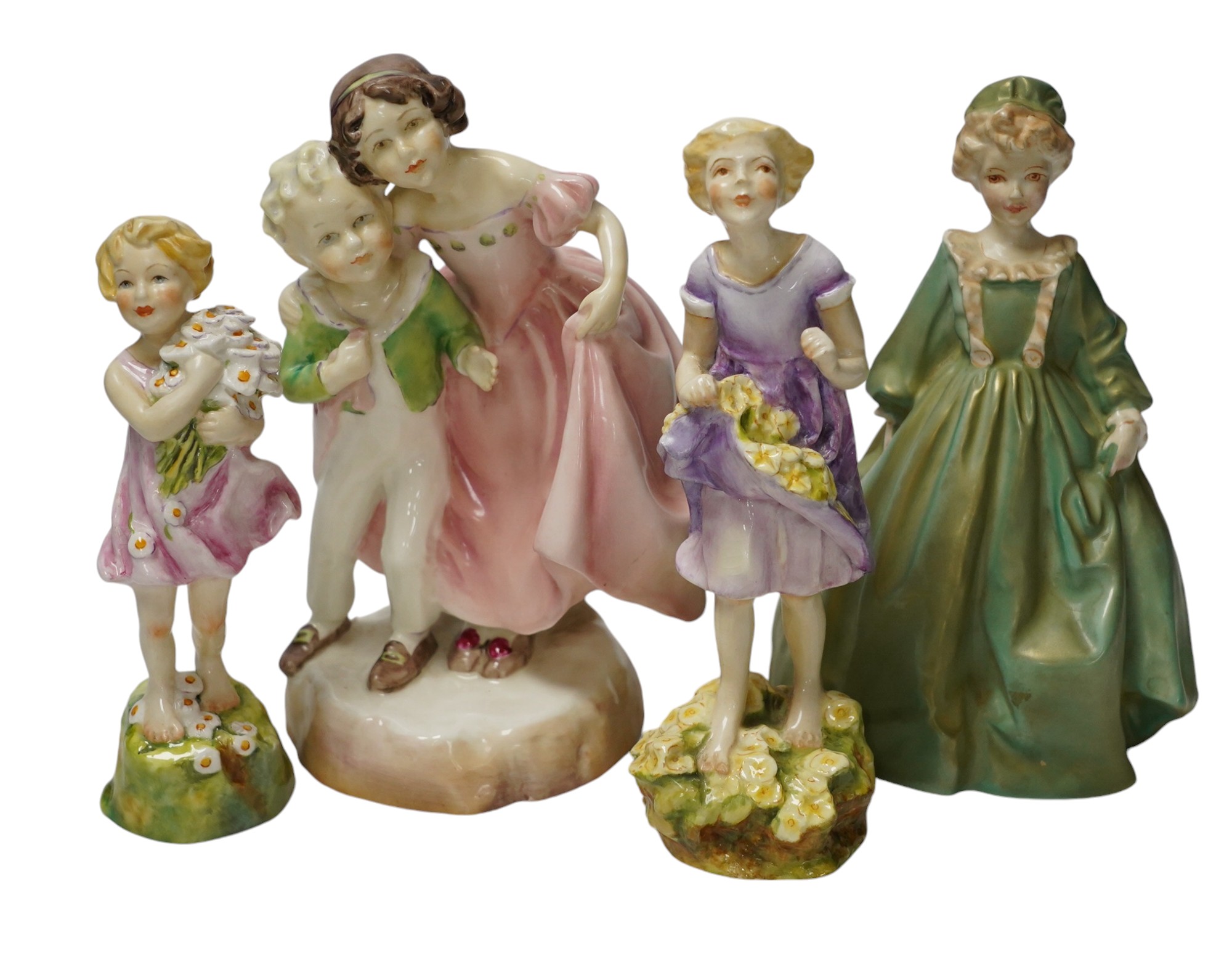 Four Worcester Doughty figurines including 'The First Cuckoo', 'Sister' and 'Grandmothers Dress', 18cm high. Condition - good